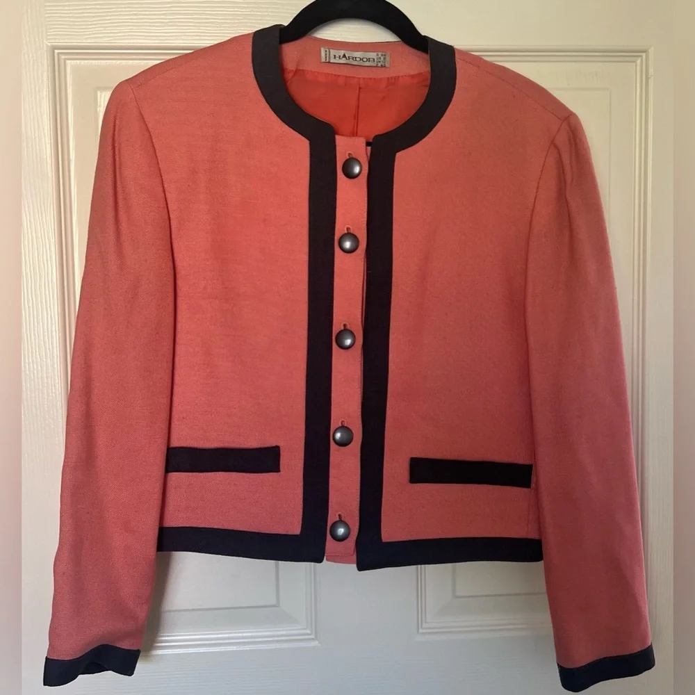 Hardob Vintage Coral Pink Black Trim Blazer Jacket | Size 8